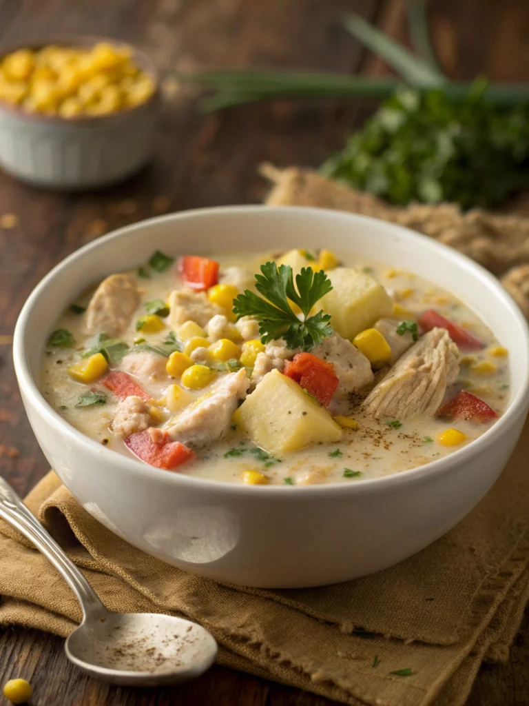 chicken corn chowder recipe, creamy chowder, easy chicken soup, homemade corn chowder