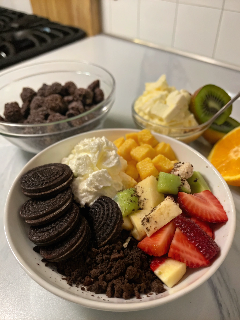 Oreo Cookie Salad Ingredients, oreo cookie salad recipe, fudge stripe cookie salad, oreo pudding dessert, oreo fluff, salad cookies, oreo fluff recipe